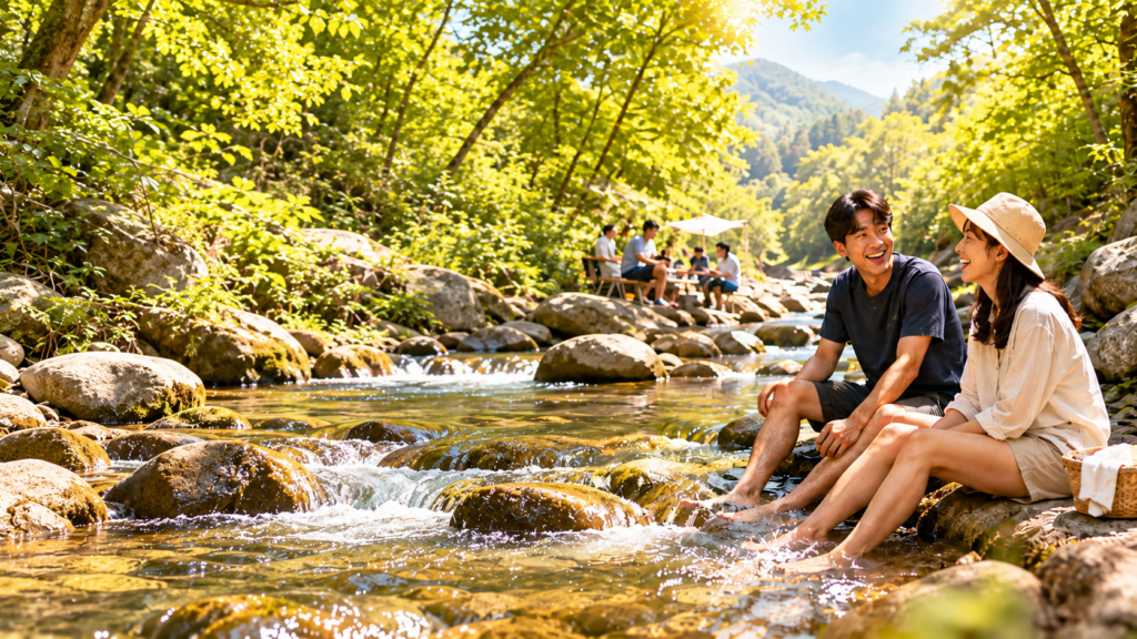 Two people sitting with their feet in a shallow rocky stream surrounded by green trees