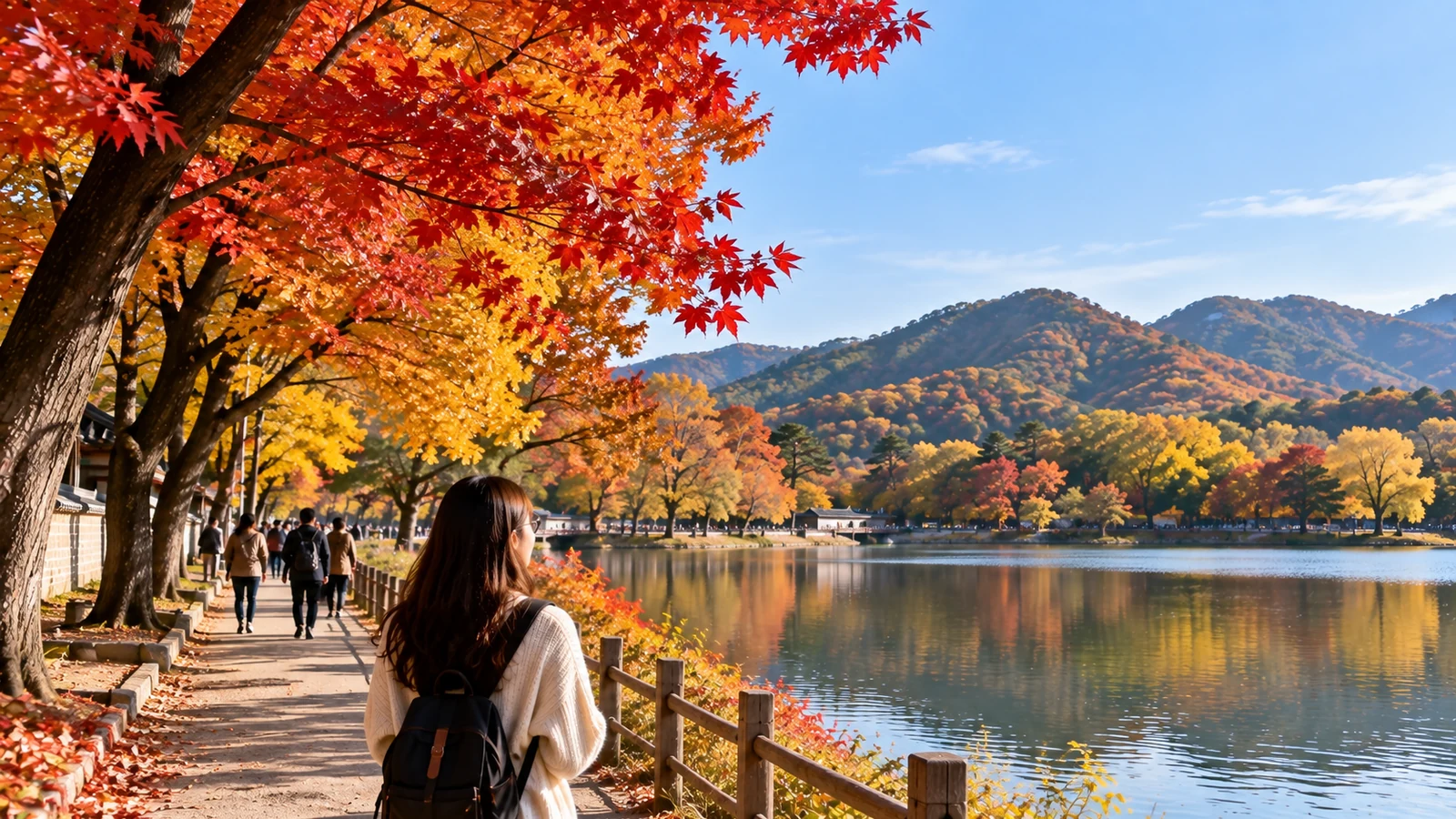 Traveler walking beside autumn foliage and a lakeside path near Seoul