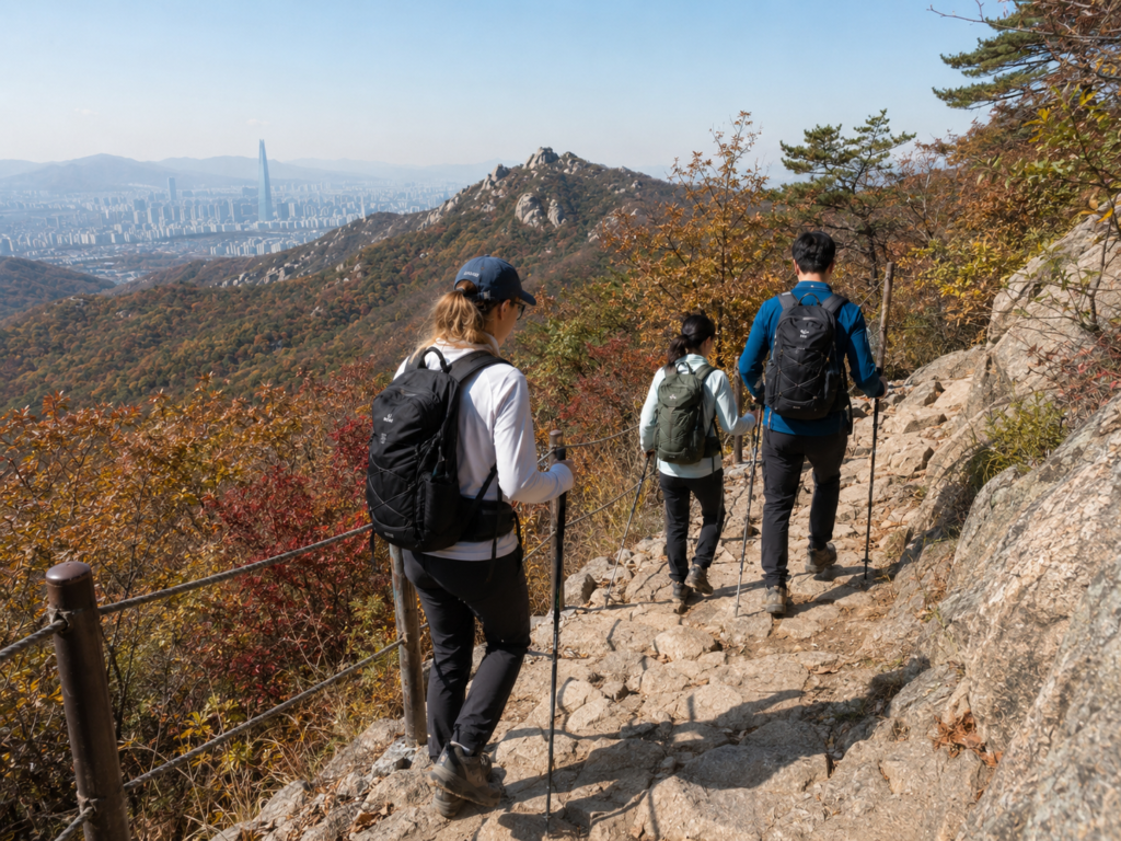 Hikers walking along a rocky mountain trail in Seoul during autumn