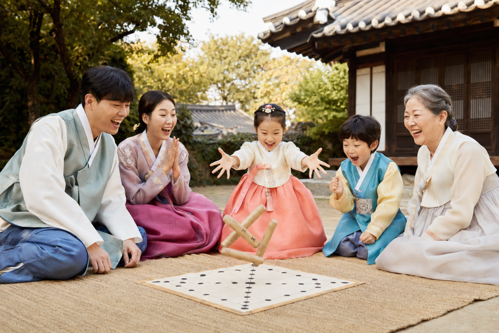 Korean family wearing hanbok and playing yutnori together during Chuseok