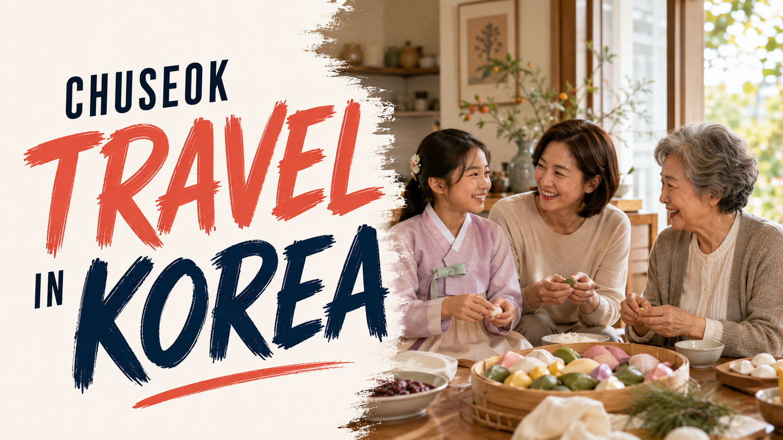 Korean family making songpyeon together for Chuseok, with a child wearing hanbok