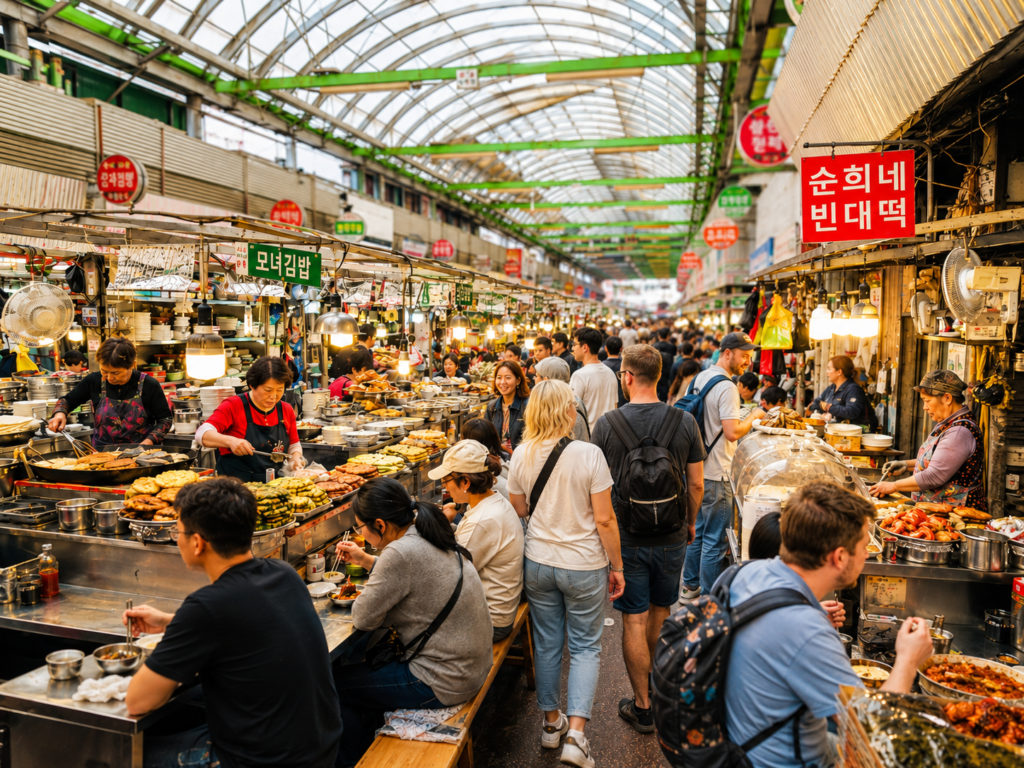 Busy food alley inside Gwangjang Market in Seoul