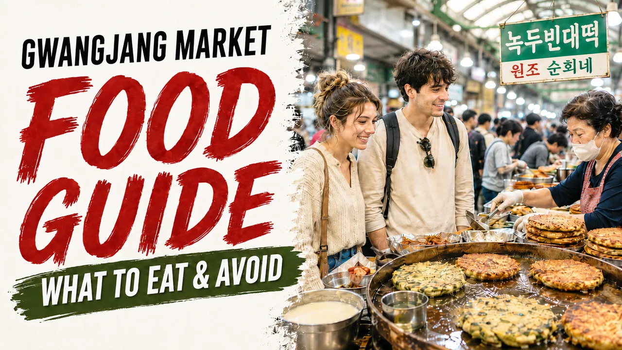 Gwangjang Market food stalls with bindaetteok and international travelers in Seoul