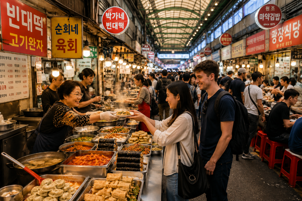 International travelers receiving food from a vendor at a Gwangjang Market stall