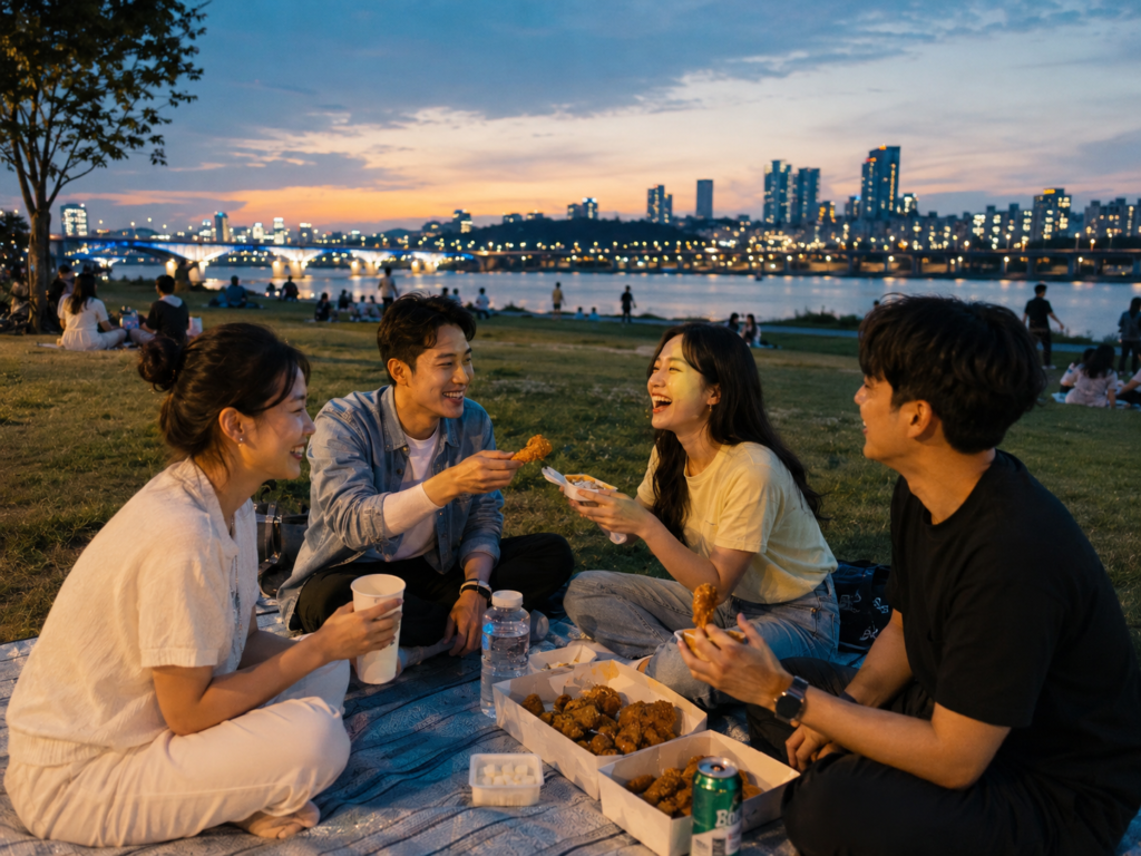 Friends eating delivered fried chicken during a summer evening picnic at Hangang Park in Seoul