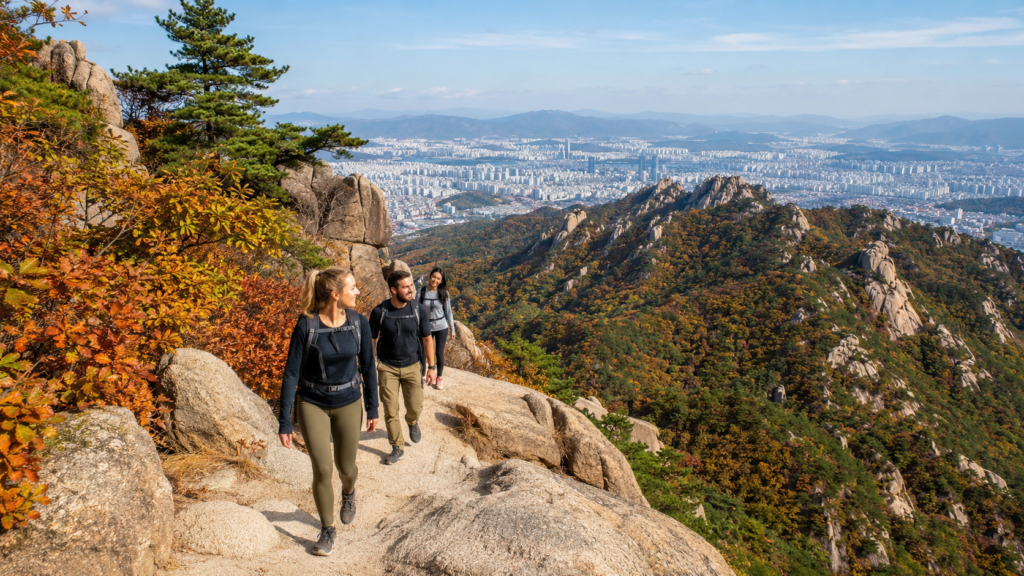Hiking in Korea with foreign travelers on a granite mountain trail overlooking Seoul