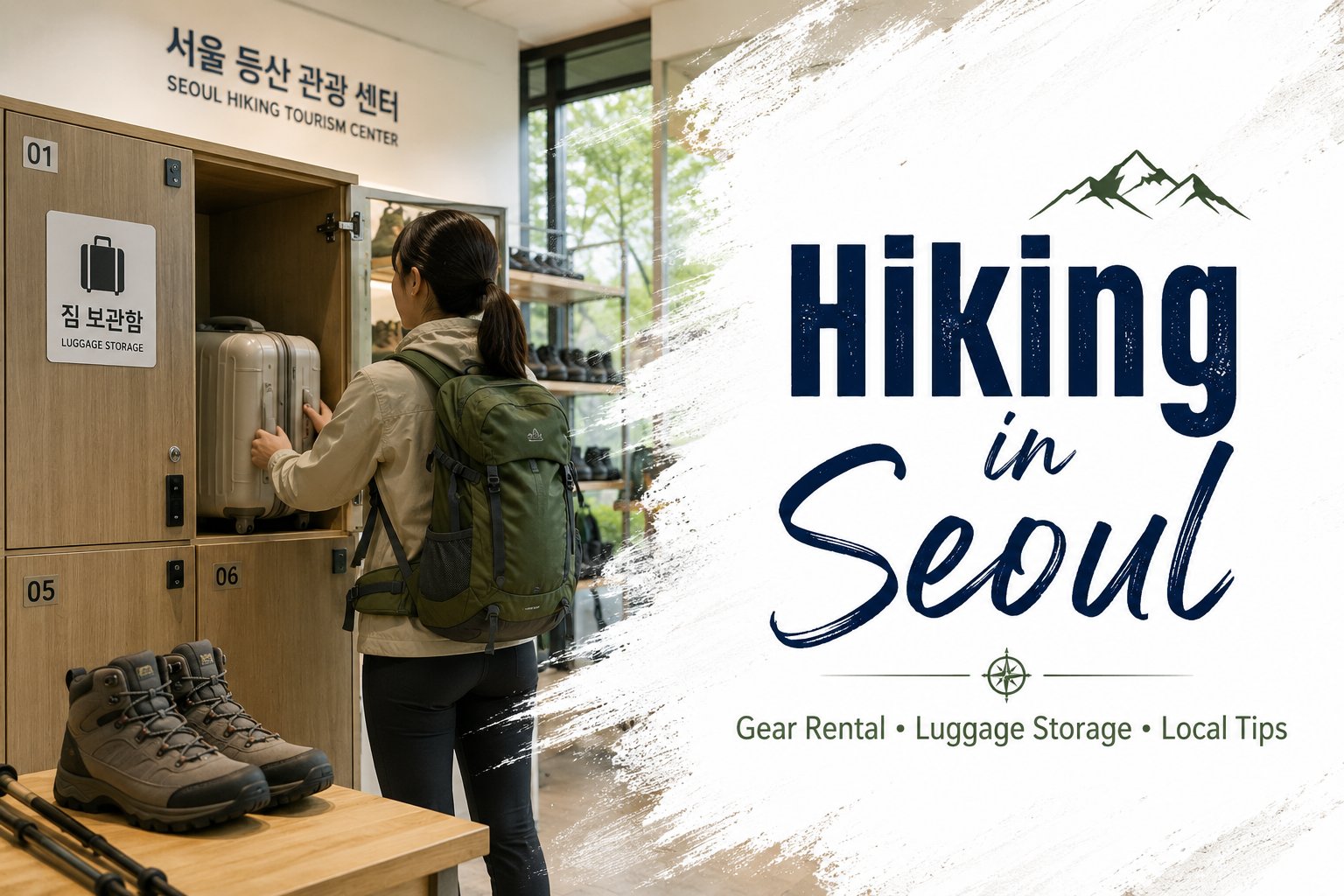 Traveler using luggage storage and hiking gear services in Seoul