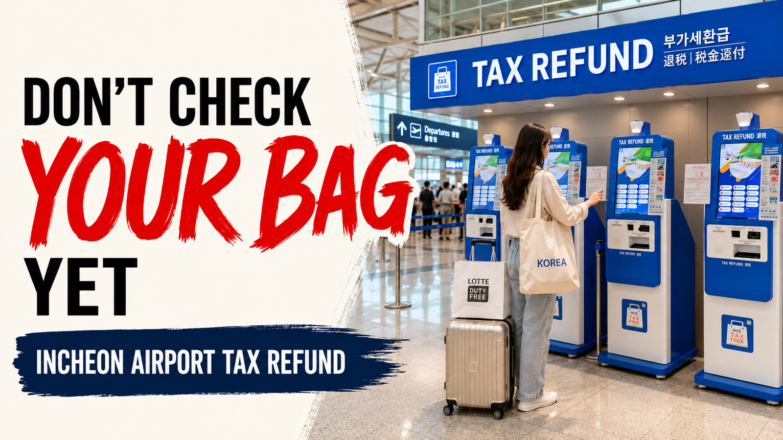 Traveler using a tax refund kiosk at Incheon Airport with a suitcase and shopping bag.