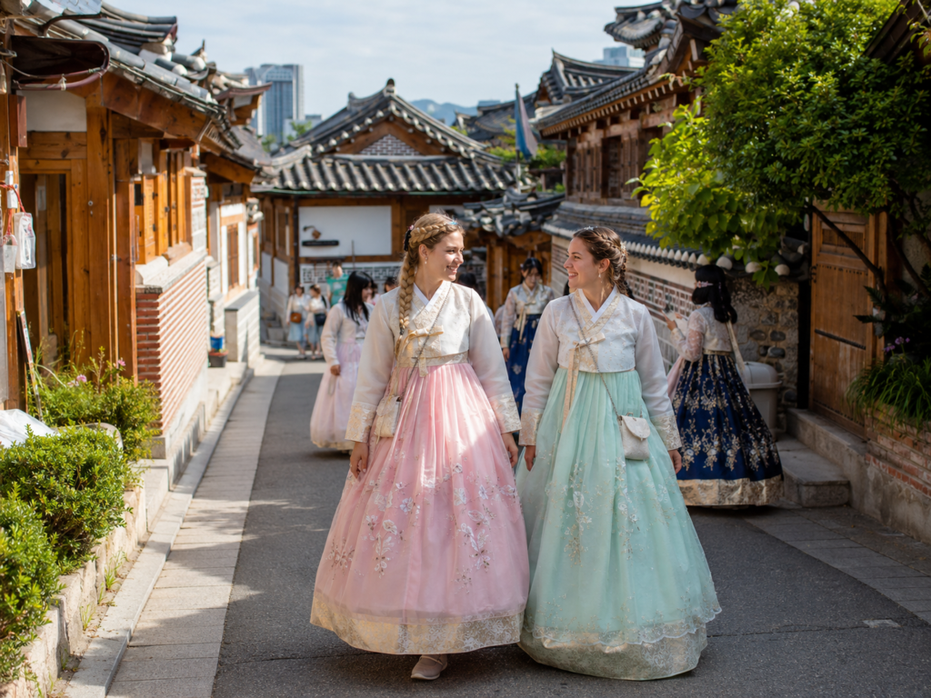 Travelers enjoying Jeonju Hanok Village in hanbok on a day trip