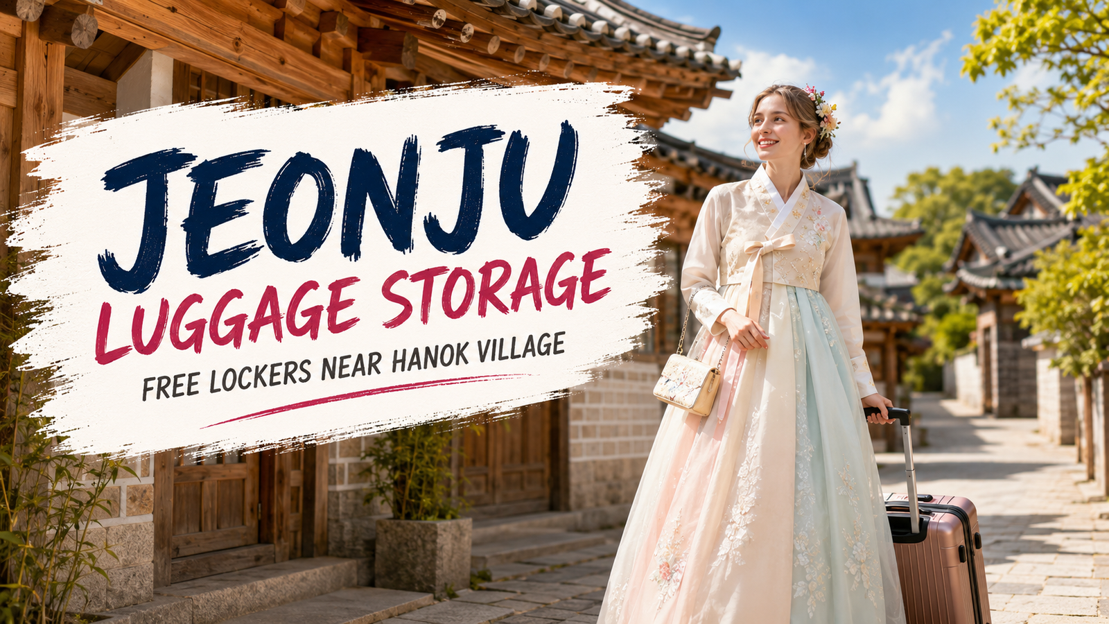 Jeonju luggage storage guide with Hanok Village traveler in hanbok