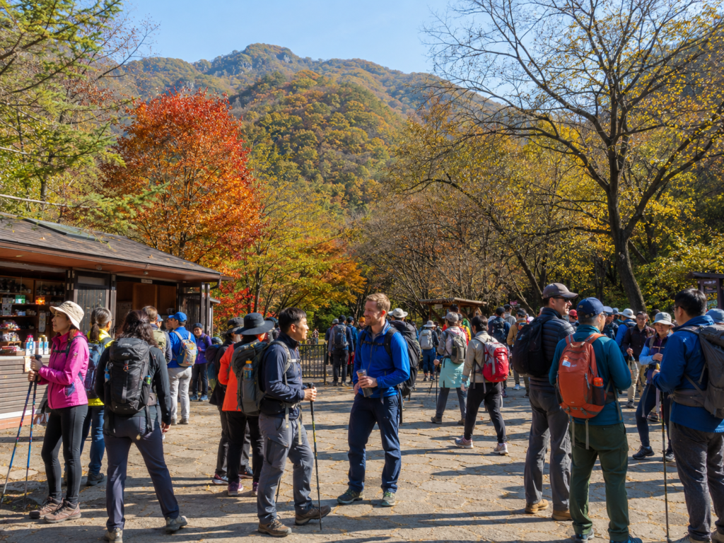 Hiking in Korea with local and international hikers at an autumn mountain trail entrance