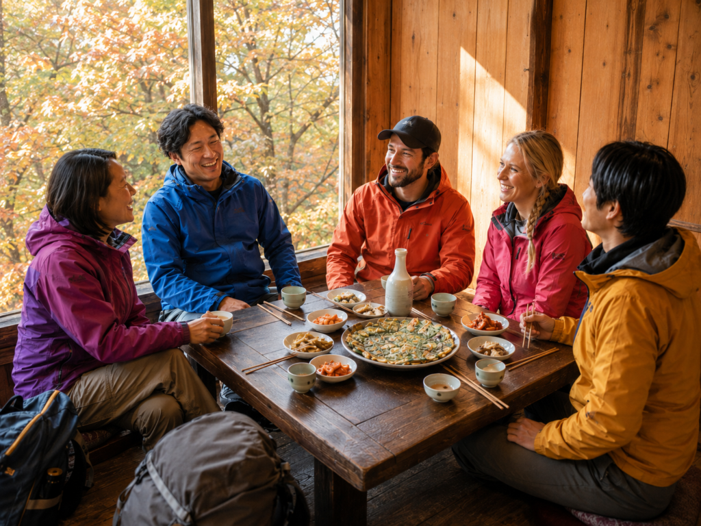 Korean and international hikers sharing pajeon after an autumn hike in Korea