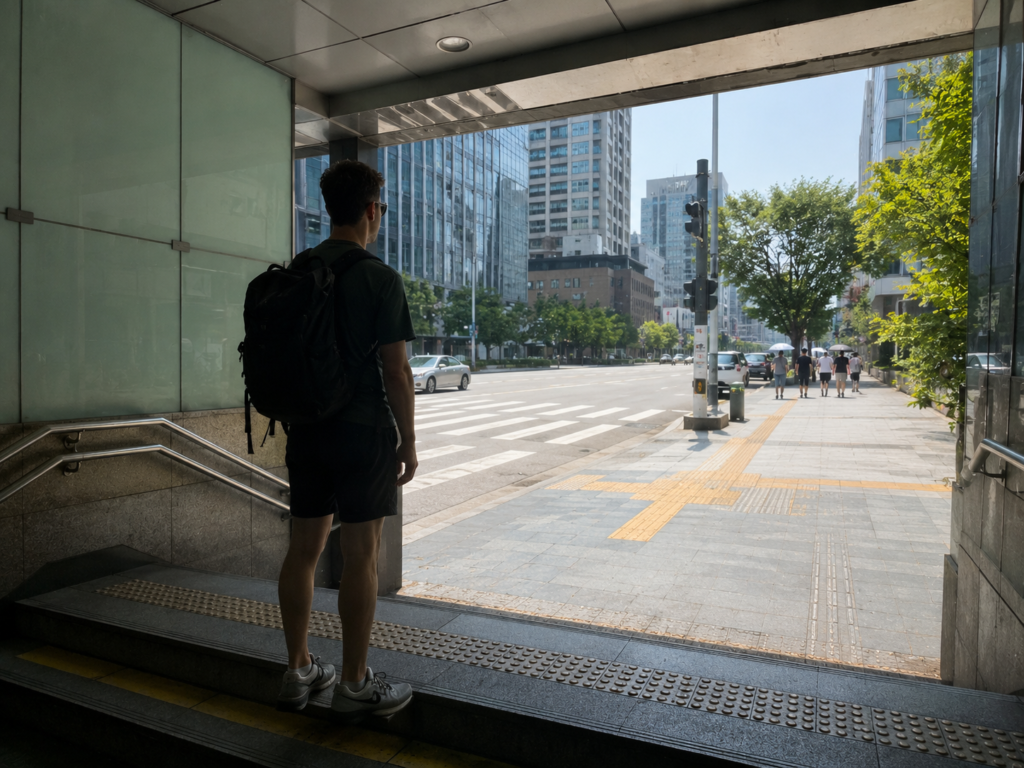 A traveler facing intense sunlight outside a Seoul subway exit in summer