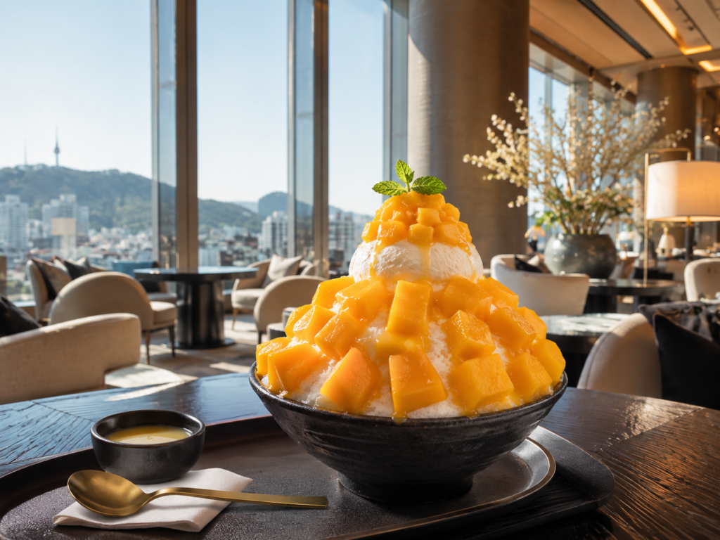 Premium mango bingsu served in a luxury hotel lounge in Seoul