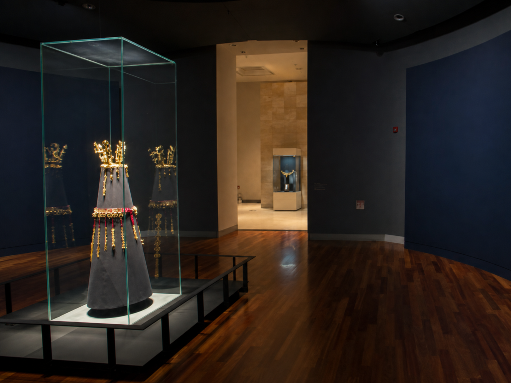 Silla gold crown displayed in a glass case at the National Museum of Korea