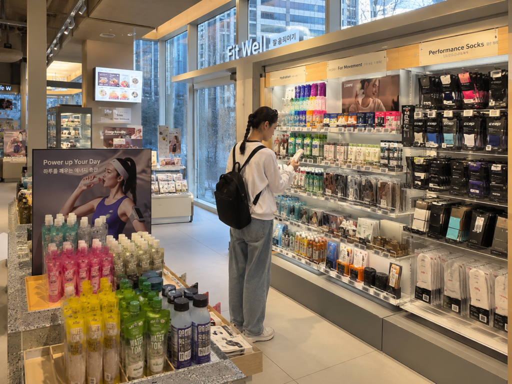 Traveler browsing hydration and fitness products at Olive Better in Seoul