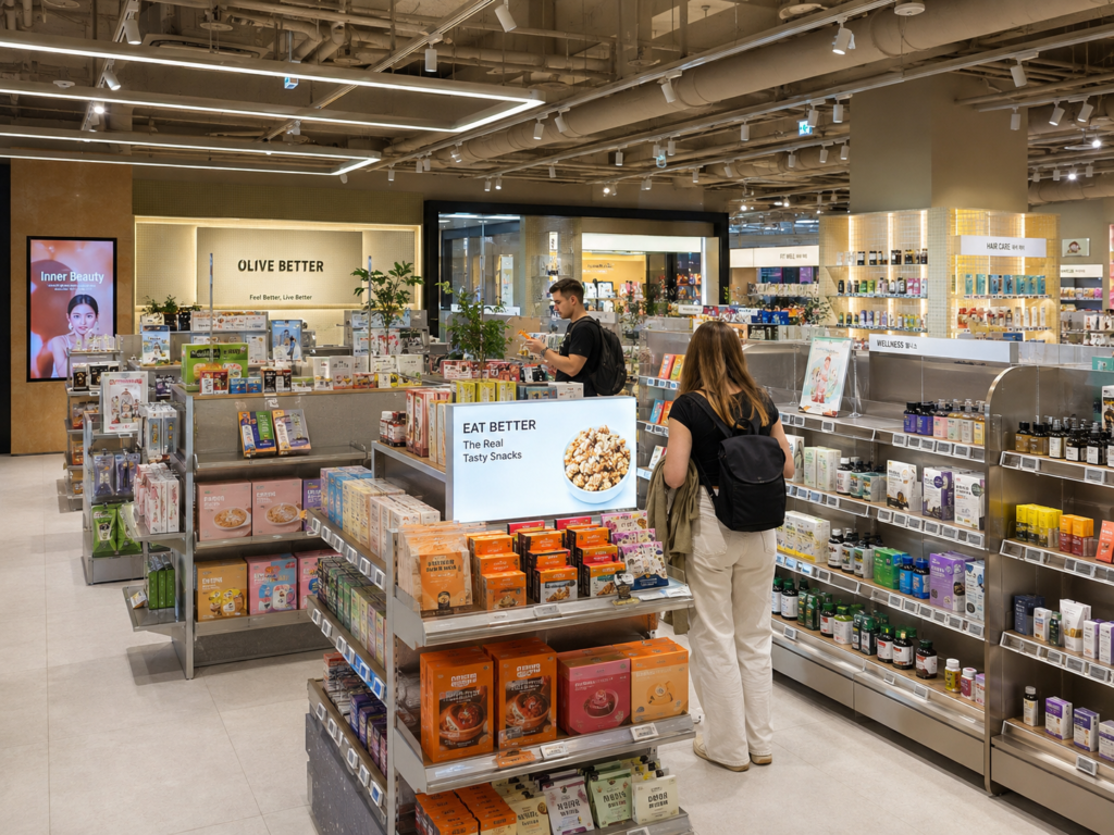 Foreign travelers browsing inside the Olive Better store in Seoul
