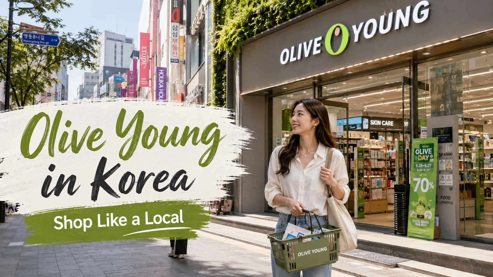 Olive Young in Korea storefront with a traveler shopping in Seoul