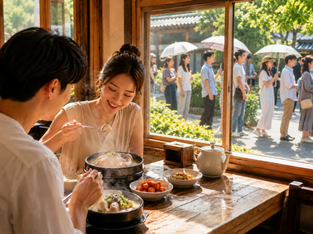 Diners eating steaming samgyetang while people wait outside a Korean restaurant on a hot summer day