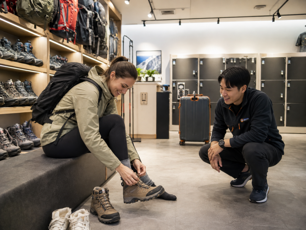 International traveler trying on hiking boots at a Seoul Hiking