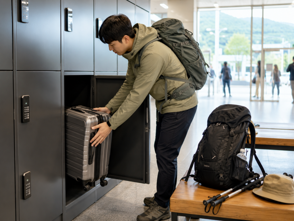 Traveler storing a suitcase before hiking in Seoul
