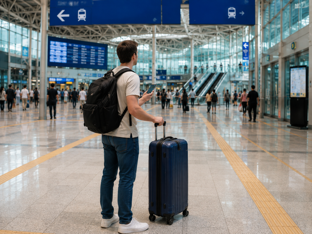 Traveler with a suitcase checking directions inside Seoul Station