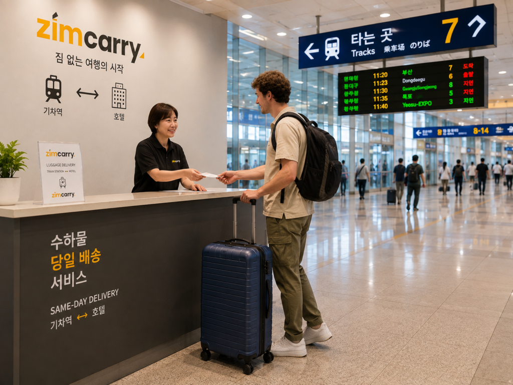 Traveler with large luggage near the KTX area at Seoul Station