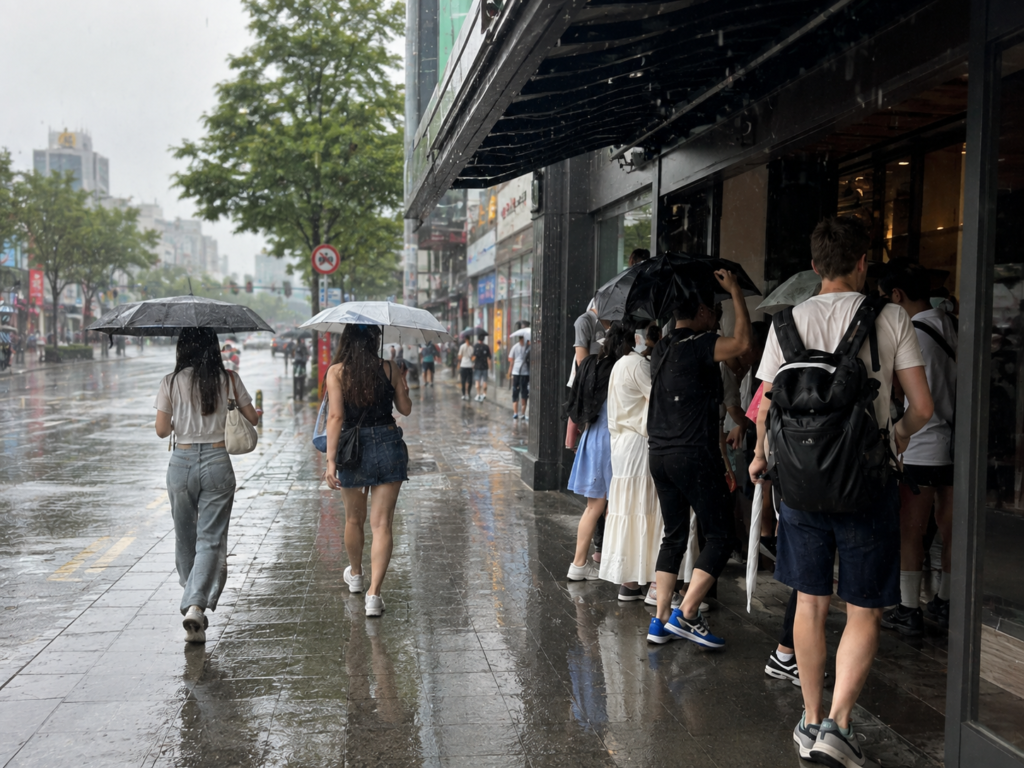 Travelers sheltering from sudden summer rain on a busy Korean city street