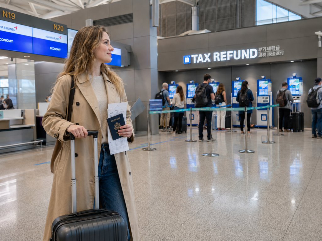 Traveler at Incheon Airport keeping a checked suitcase nearby before completing tax refund steps.