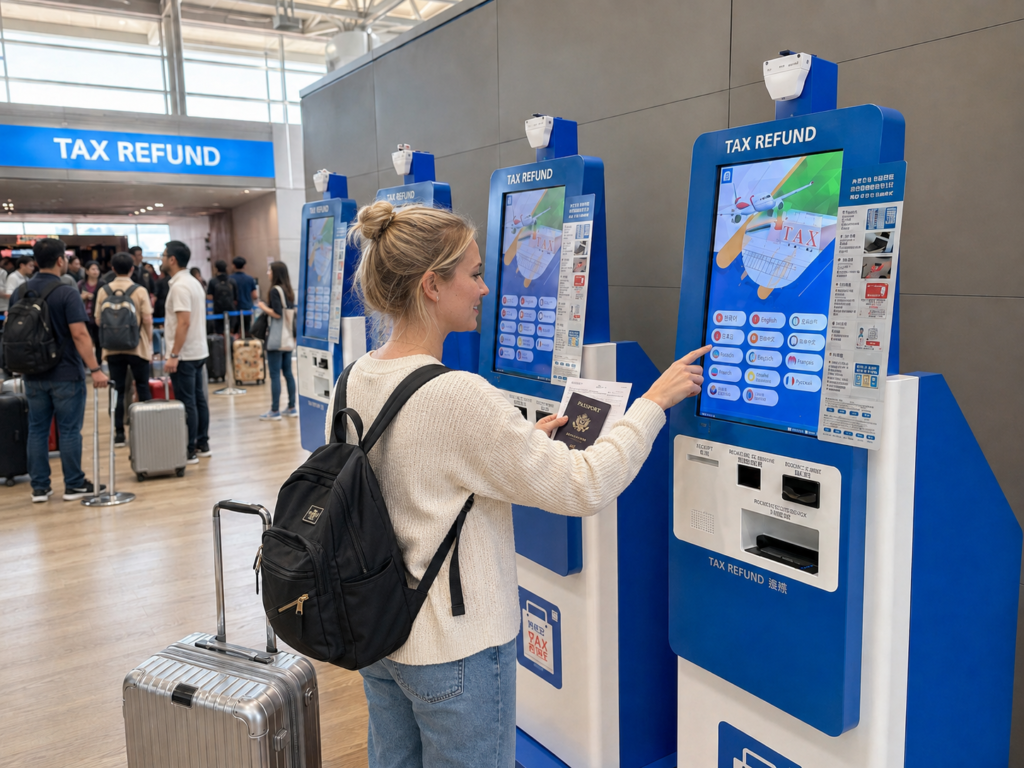 Traveler using a tax refund kiosk at Incheon Airport with passport and refund documents.
