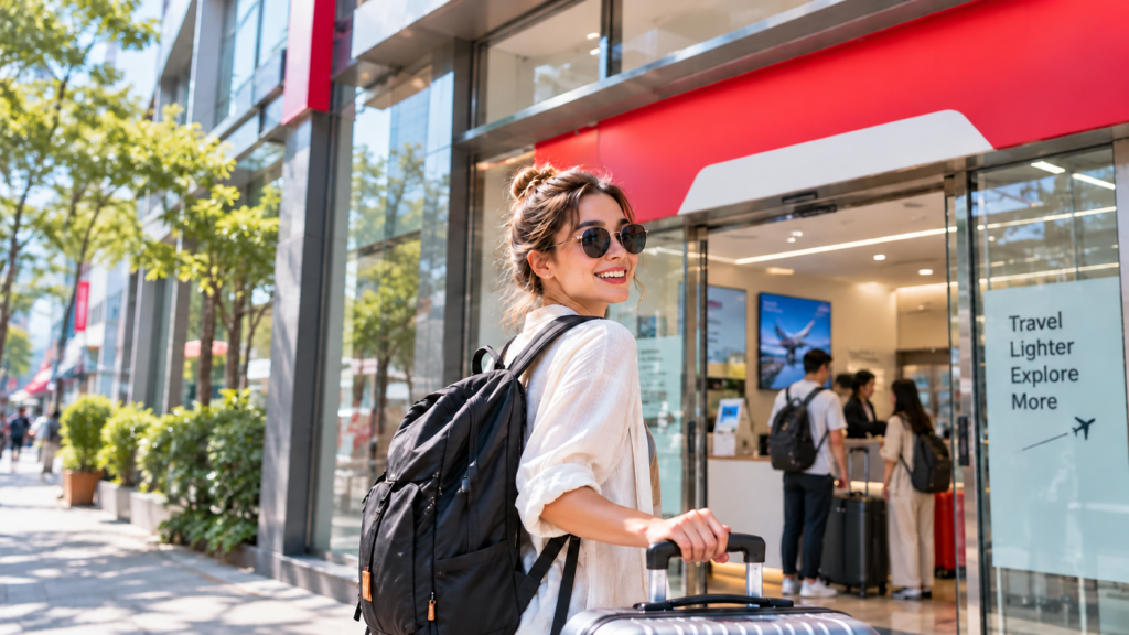 Illustration of a person with a backpack and suitcase outside a luggage-service storefront