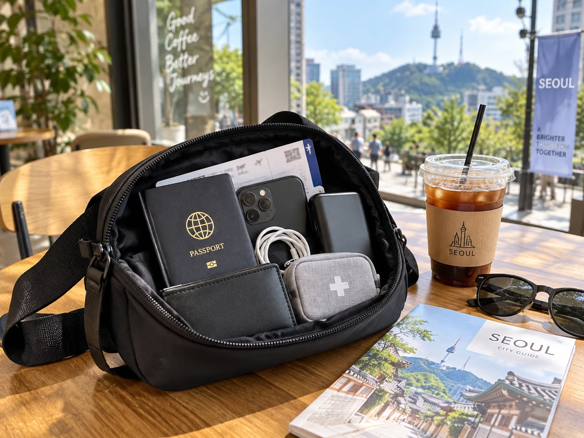 Passport, phone, charger and carry-on essentials kept with a traveler after checking luggage in Seoul