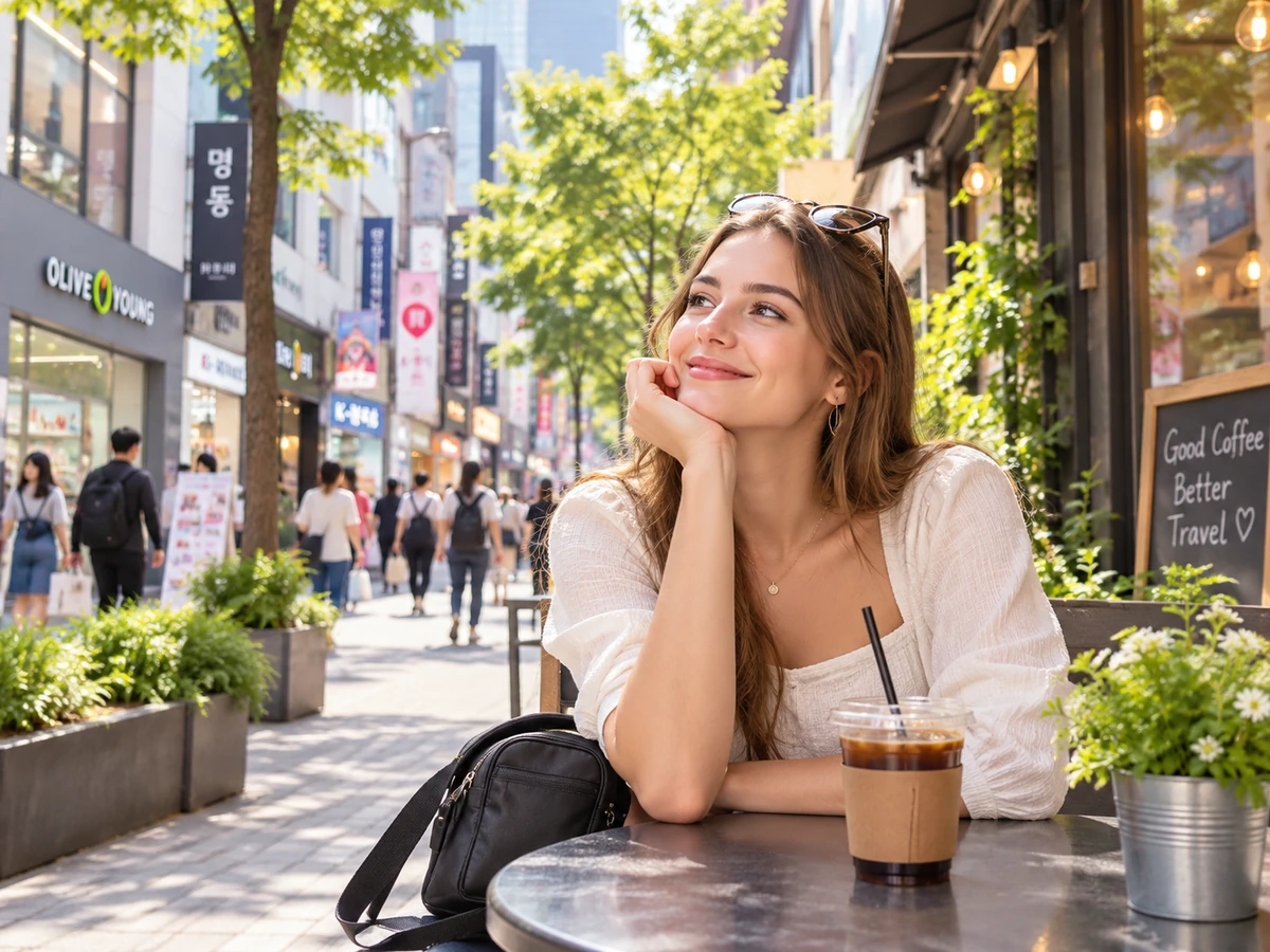 Foreign traveler enjoying coffee in Seoul without a suitcase on the final day of a Korea trip