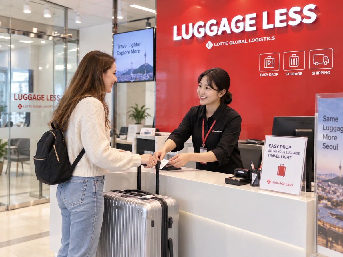 Foreign traveler checking luggage at a Luggage Less service counter in Seoul before an Incheon Airport flight