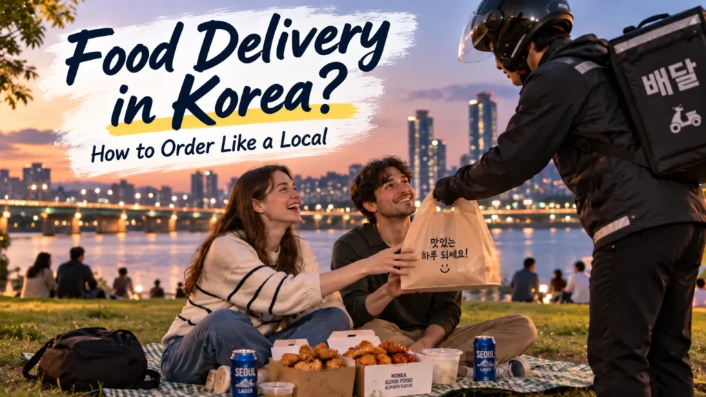 Foreign travelers receiving food delivery during a Hangang River picnic in Seoul