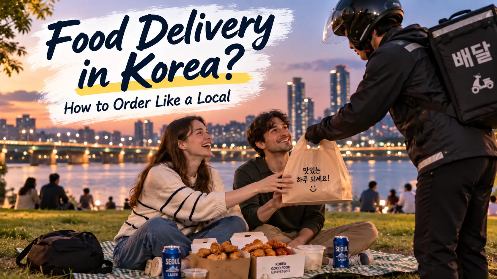 Foreign travelers receiving food delivery during a Hangang River picnic in Seoul