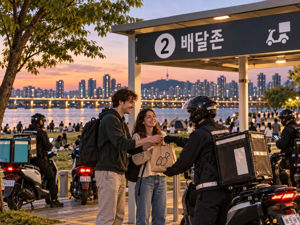 Foreign travelers picking up food at a designated Hangang Park delivery zone in Seoul