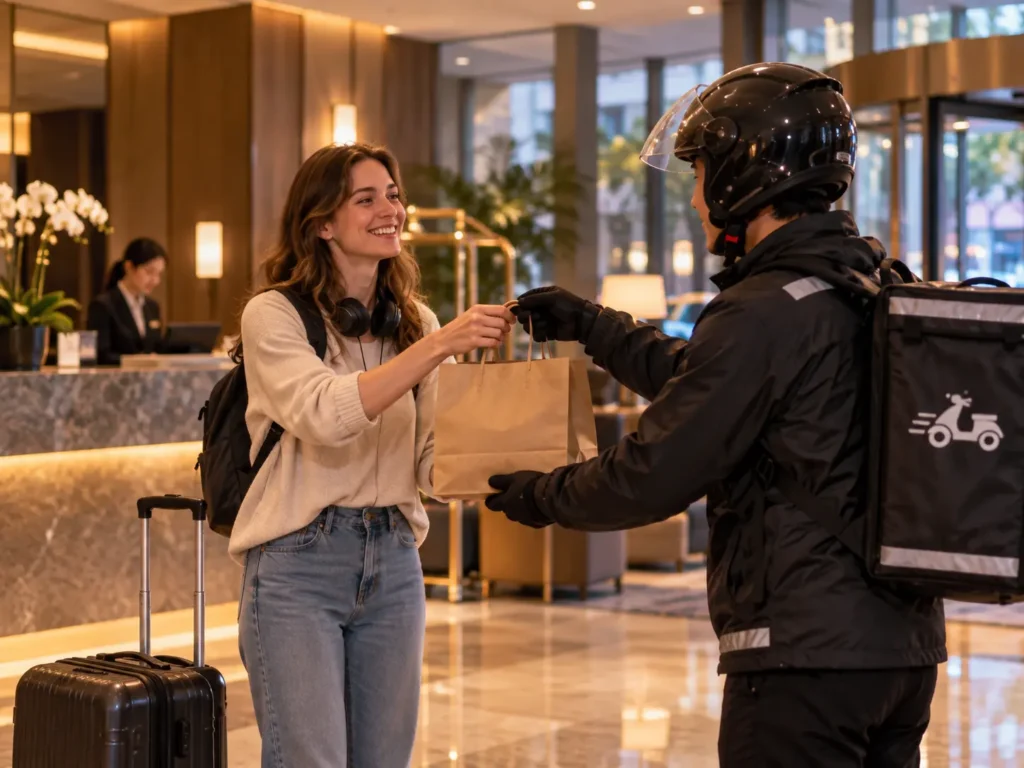 Foreign traveler receiving a food delivery order in a Seoul hotel lobby