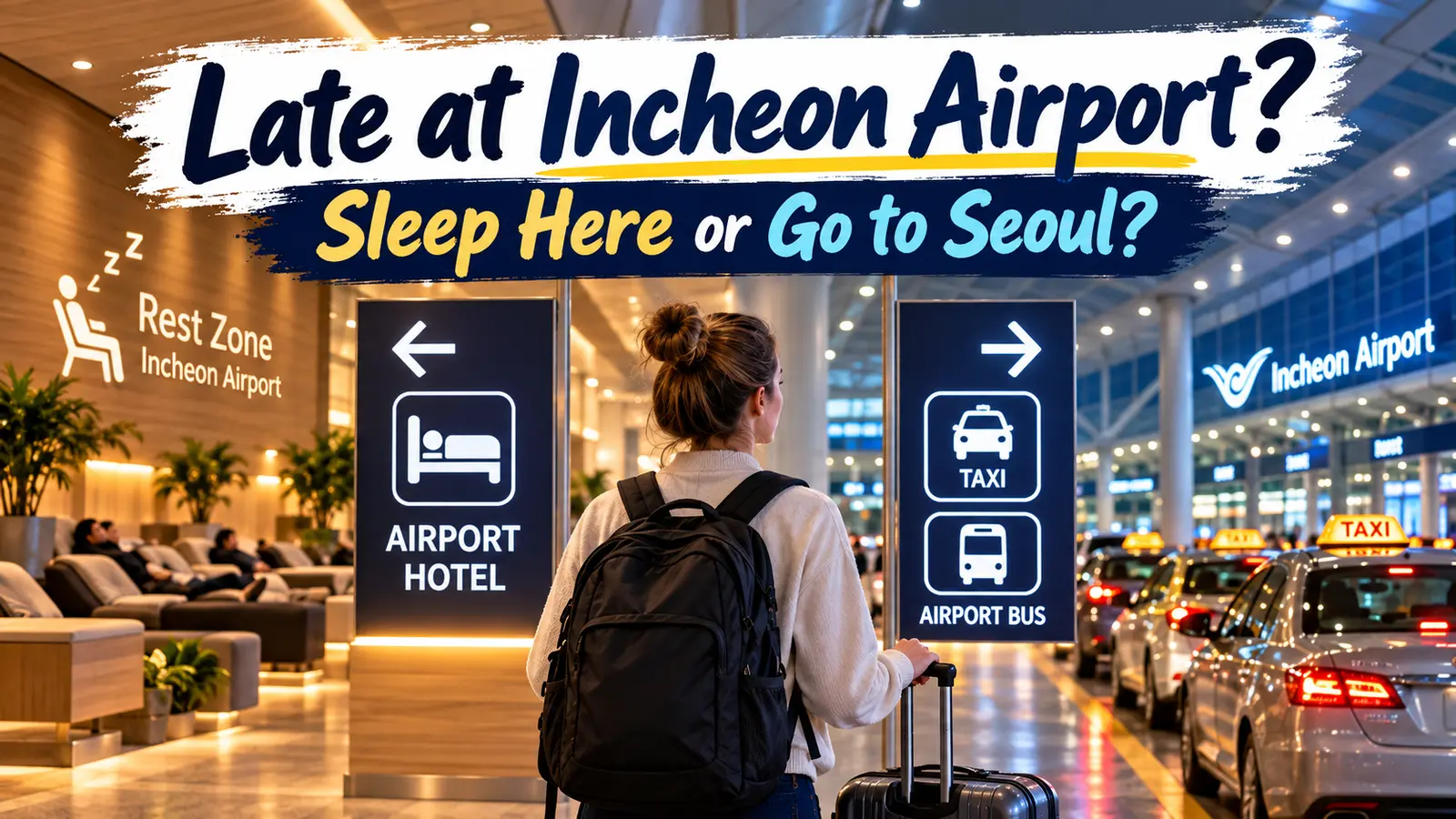 Foreign traveler deciding whether to stay at Incheon Airport or continue to Seoul late at night