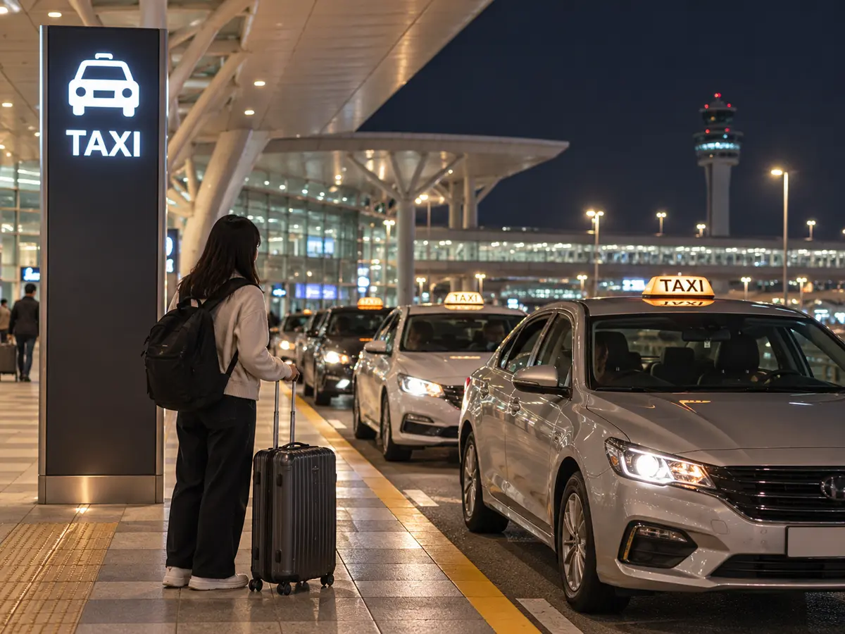 Foreign traveler waiting at an airport taxi rank late at night