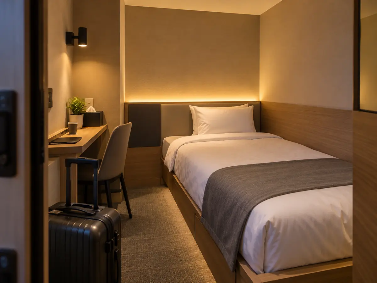 Compact private sleeping room with a bed and suitcase after an Incheon Airport late night arrival