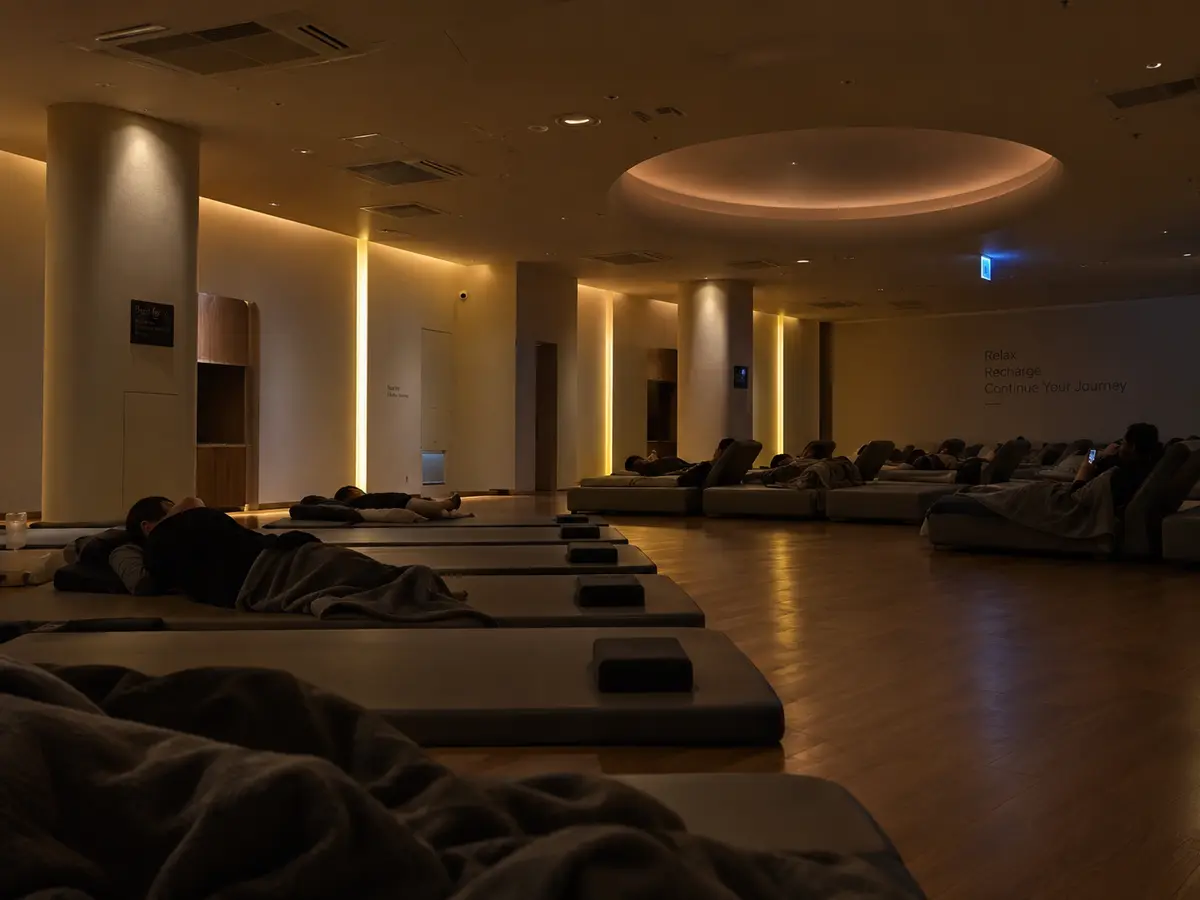 Dim shared sleeping area inspired by the layout of SPA at Home at Incheon Airport
