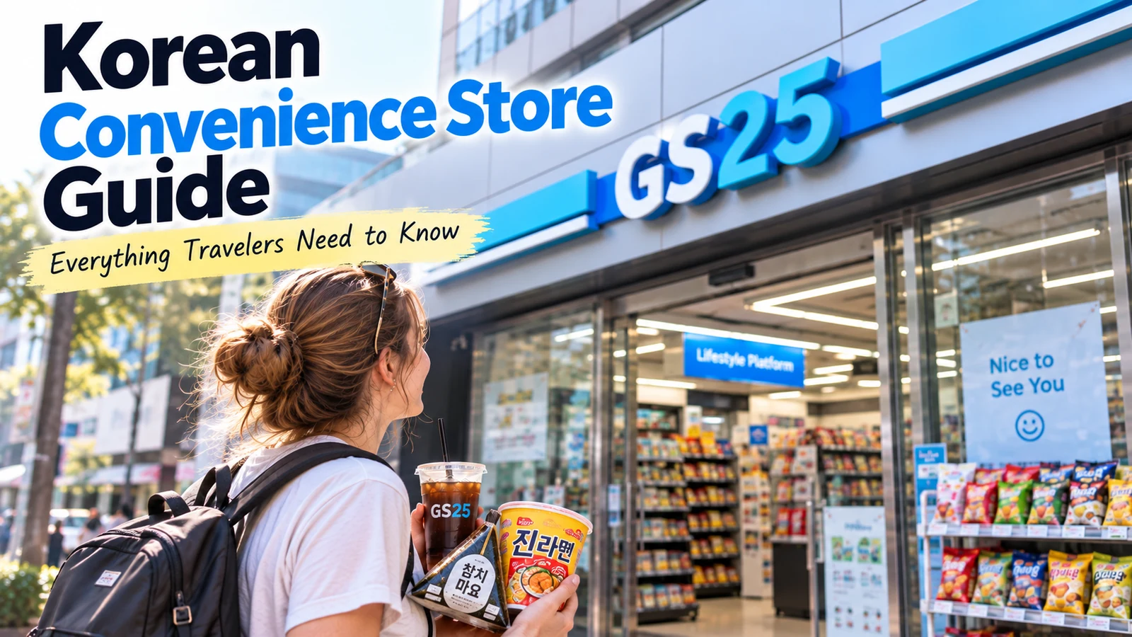 Foreign traveler outside a GS25 convenience store in Korea