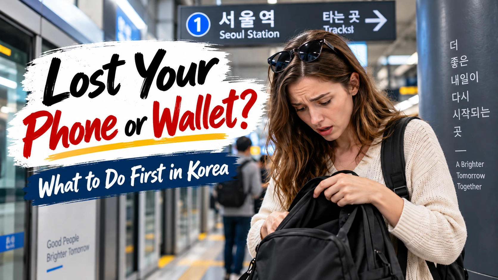 Foreign traveler checking her bag after losing a phone or wallet at a train station in Korea