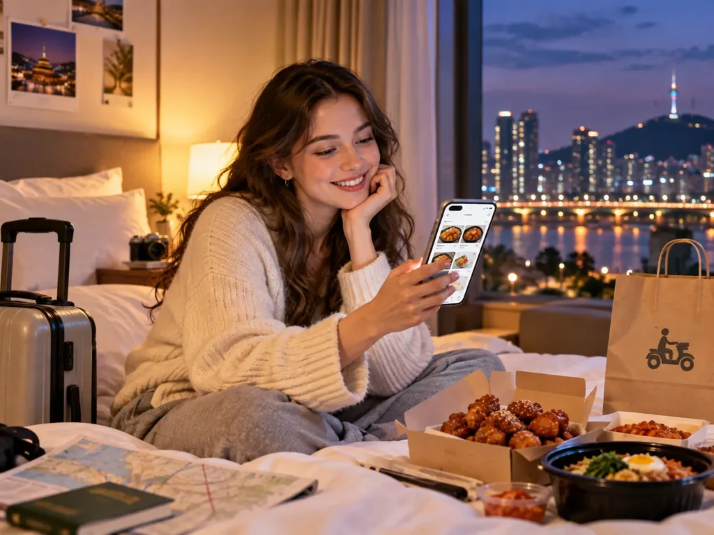 Foreign traveler using a phone to order Korean food delivery from accommodation