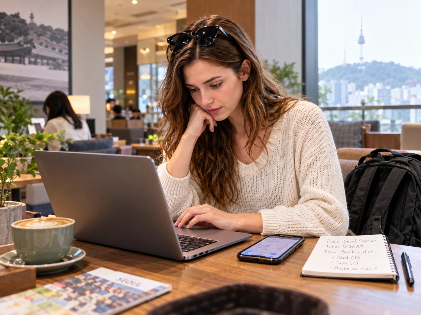 Traveler searching Korea’s official lost-and-found system with a laptop and notes