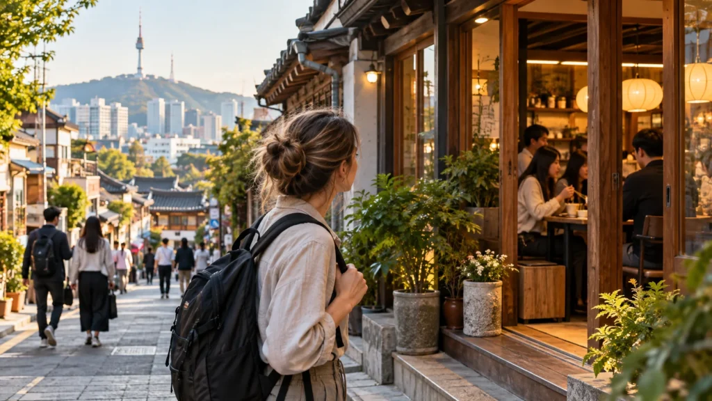 Foreign traveler observing everyday life on a Seoul street