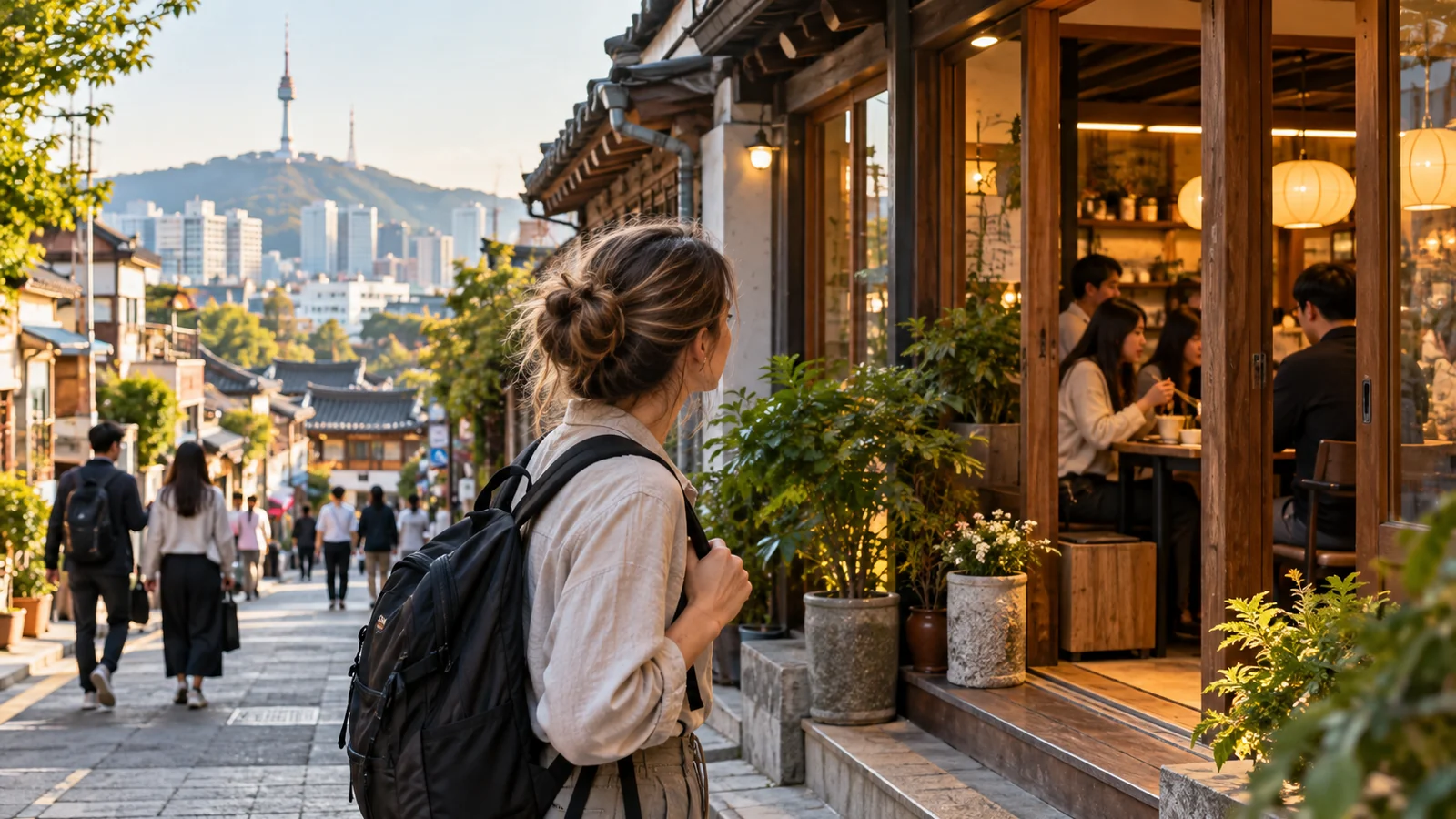 Foreign traveler observing everyday life on a Seoul street