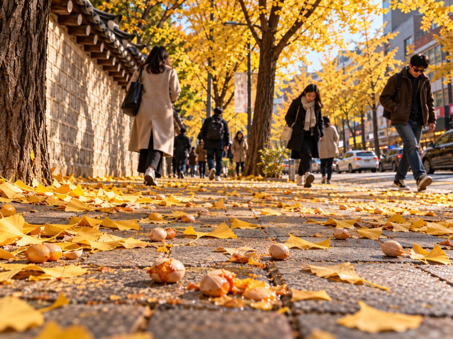 Fallen ginkgo seeds on a Seoul sidewalk during autumn