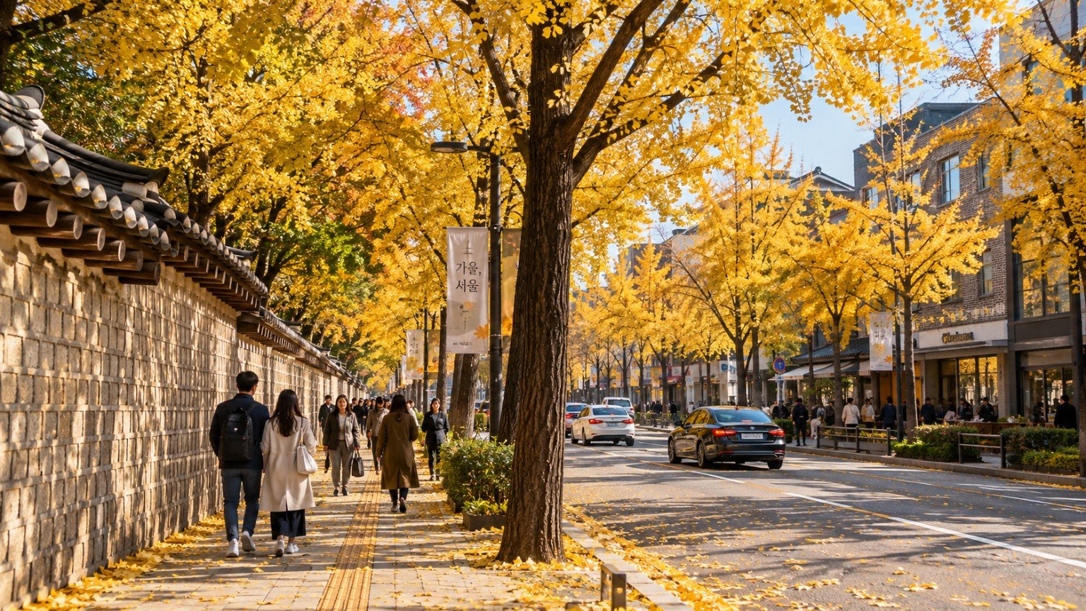Golden ginkgo trees along a Seoul street in autumn
